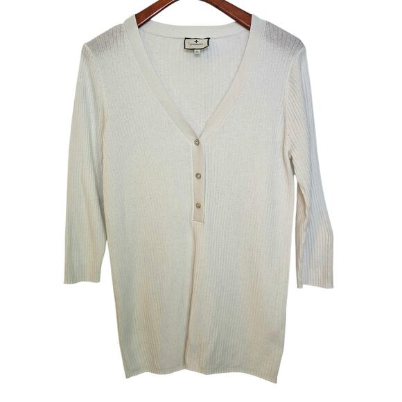 Tuckernuck Cream White Ribbed Henley 3/4 Sleeve Knit Sweater - Picture 3 of 8